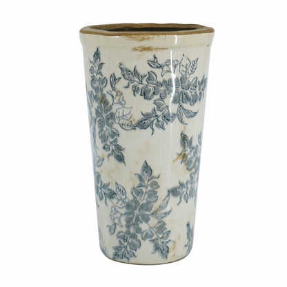 Ceramic Flower Vase with Wide Mouth - Distressed White & Black