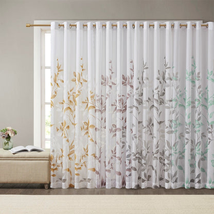 Burnout Printed Curtain Panel with Botanical Burnout Print - Ivory Gold