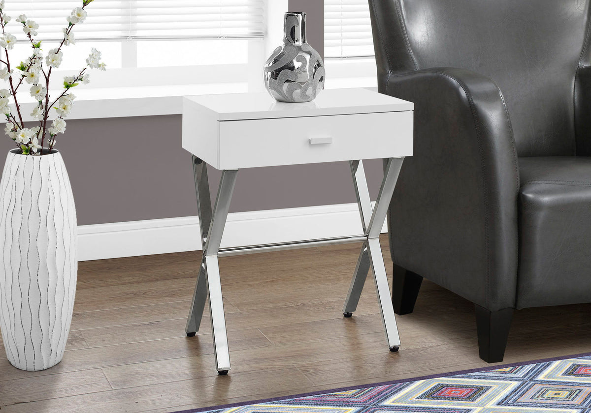 Accent Side X Table with Storage Drawer – Wood & Metal Modern Table