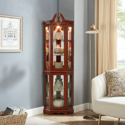 Corner Curio Cabinet with Lights and Adjustable Glass Shelves - Mirrored Walnut