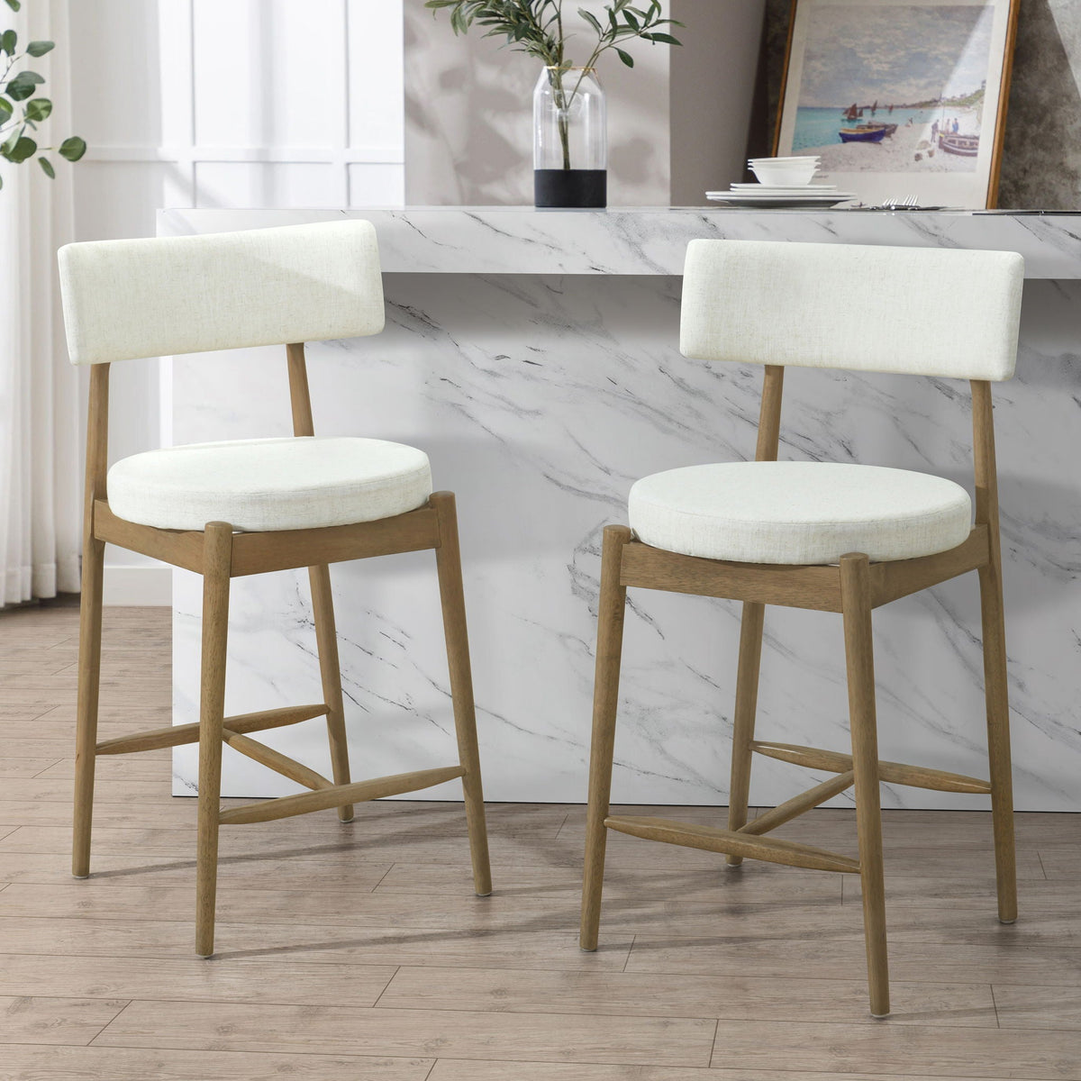 Mid Century Modern Counter Stools with Full Back - Fabric Upholstery, Set of 2
