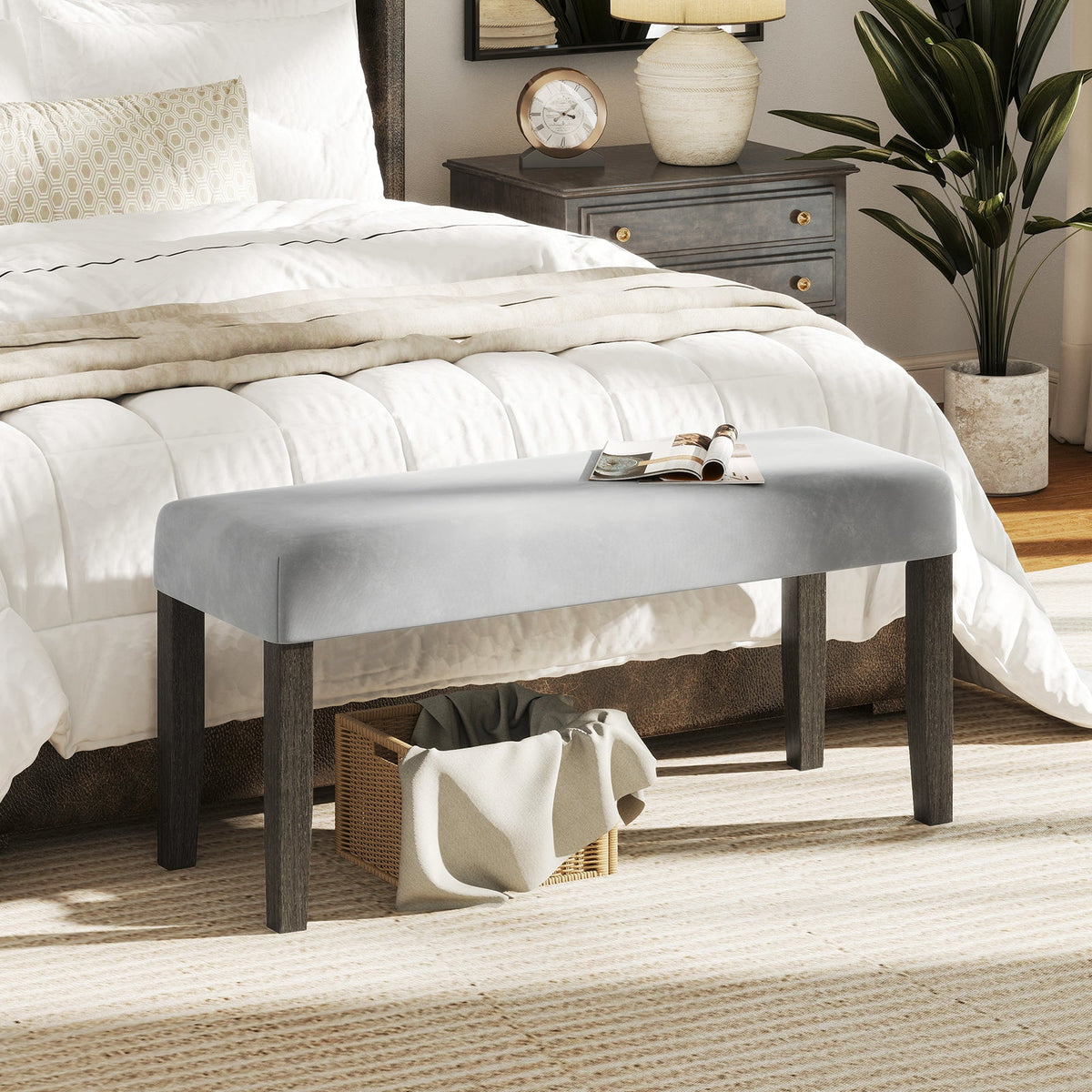 End of Bed Bench with Padded Seat and Solid Wood Legs-Gray