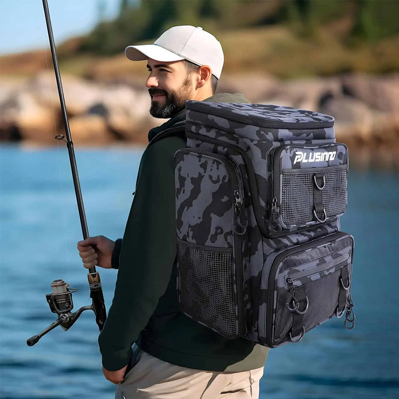 Fishing Backpack with Rod Holder, Tackle Organizer Box & Hiking Storage