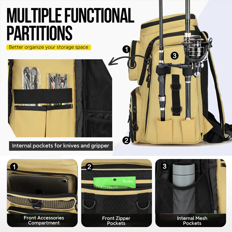 Fishing Backpack with Rod Holder, Tackle Organizer Box & Hiking Storage