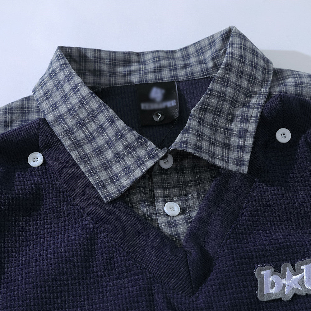 Fake two hoodies with lapels and patchwork grids