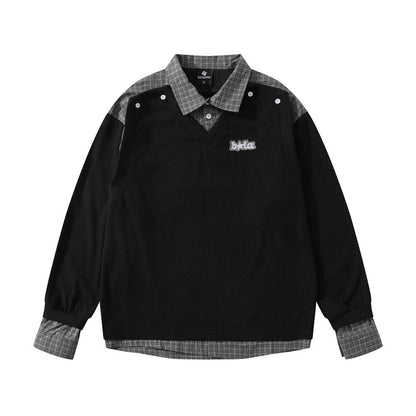 Fake two hoodies with lapels and patchwork grids
