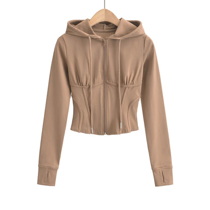 Slim fit drawstring hooded zipper top
