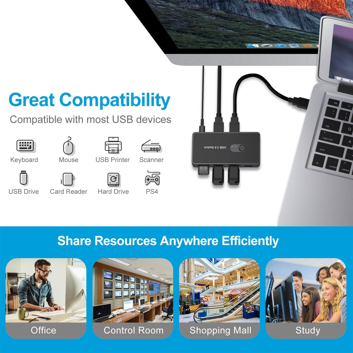 USB 3.0 Switch Adapter 4-port USB Peripheral Switch Box Hub
