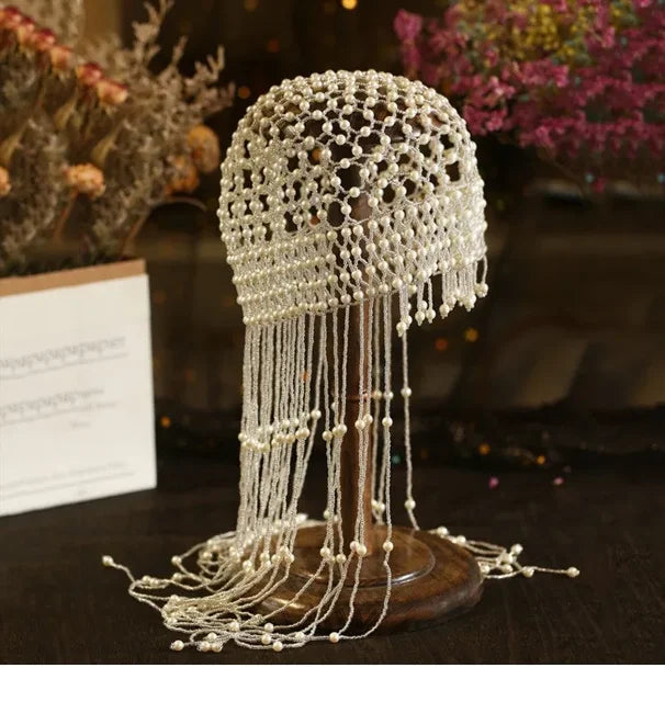 Handmade hollowed out headpiece performance pearl tassel hat