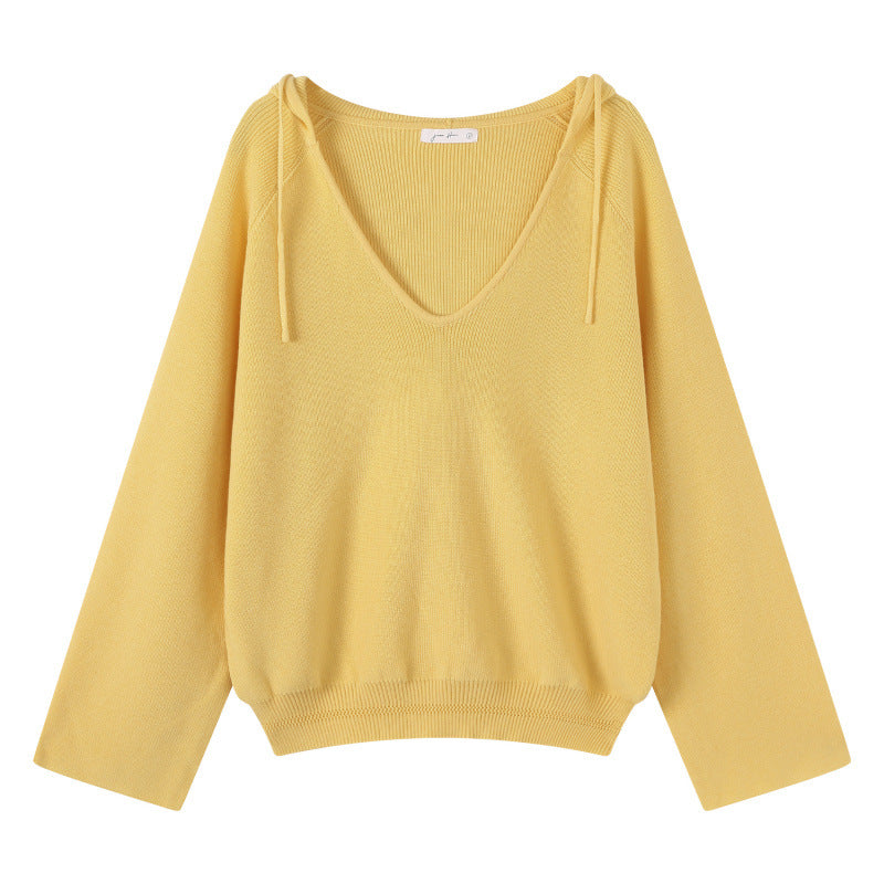 Chiffon Hooded Deep V-Neck Outerwear Long Sleeve Knit Sweater for Women