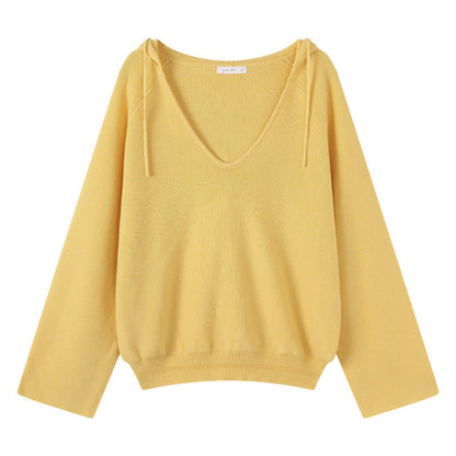 Chiffon Hooded Deep V-Neck Outerwear Long Sleeve Knit Sweater for Women