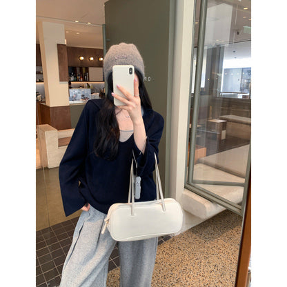 Chiffon Hooded Deep V-Neck Outerwear Long Sleeve Knit Sweater for Women