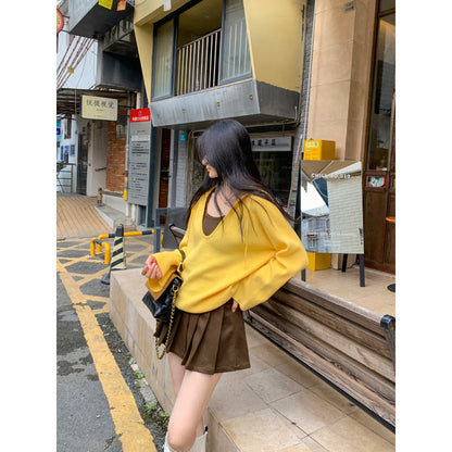 Chiffon Hooded Deep V-Neck Outerwear Long Sleeve Knit Sweater for Women