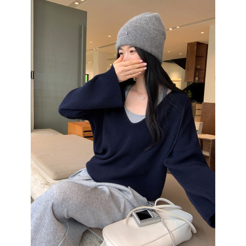 Chiffon Hooded Deep V-Neck Outerwear Long Sleeve Knit Sweater for Women