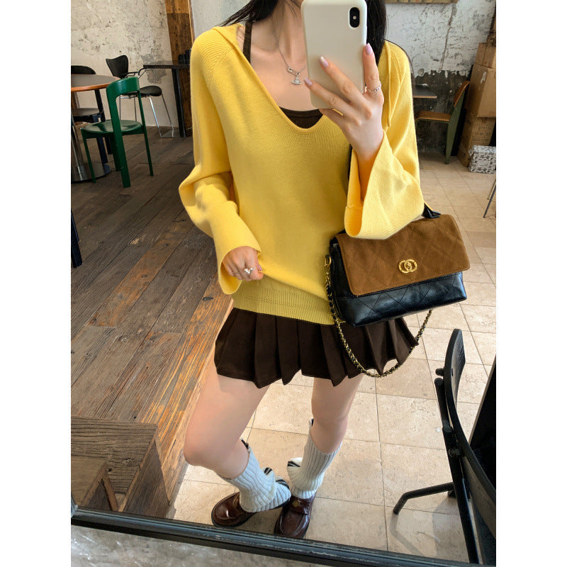 Chiffon Hooded Deep V-Neck Outerwear Long Sleeve Knit Sweater for Women