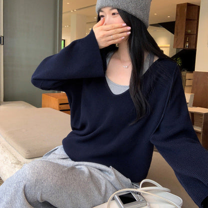 Chiffon Hooded Deep V-Neck Outerwear Long Sleeve Knit Sweater for Women