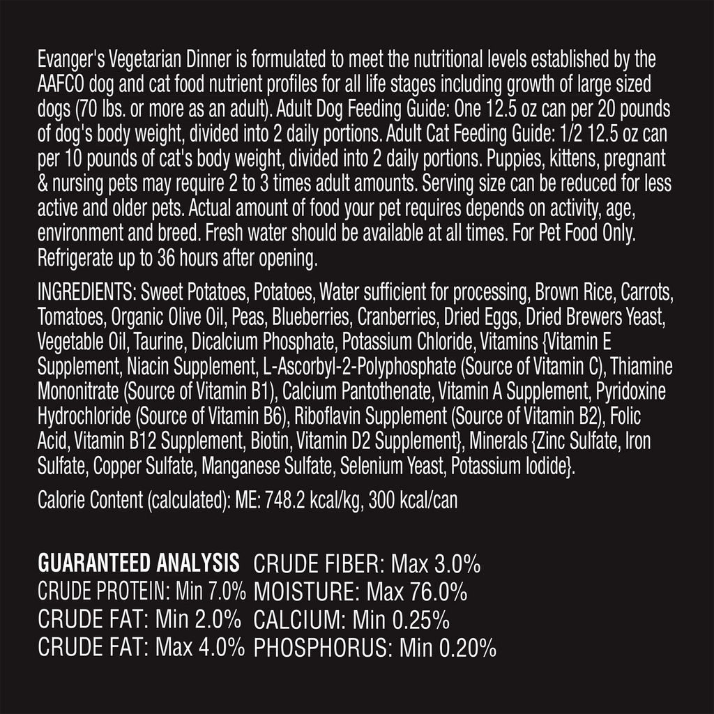 Evanger's Complements Grain Free All Life Stages Vegetarian Dinner Wet Dog & Cat Can (12.5oz)