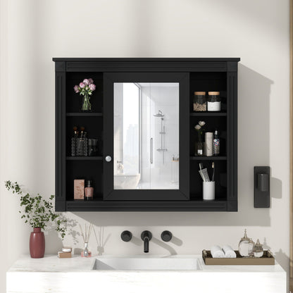Wall-Mounted Bathroom Storage Cabinet with Mirror and 6 Open Shelves - Black