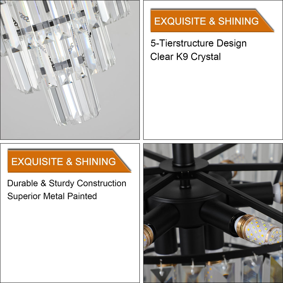 20" Black Crystal Chandelier with 10-Light Flush Mount - Black