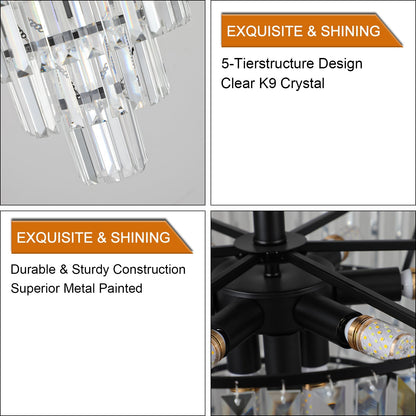 20" Black Crystal Chandelier with 10-Light Flush Mount - Black