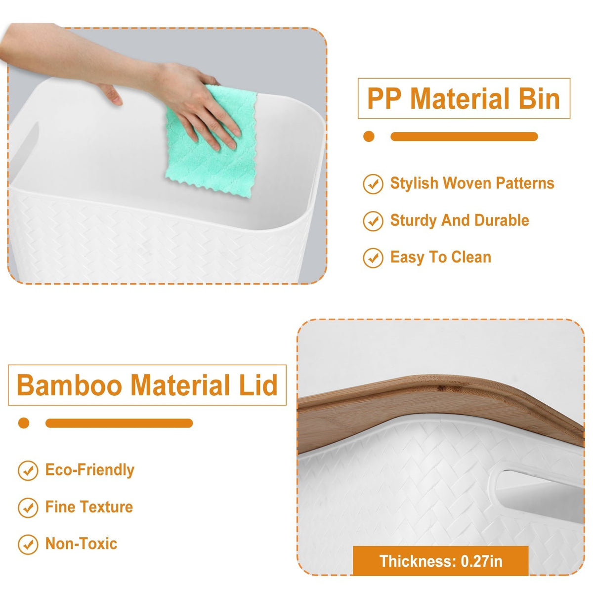 2Pcs Storage Bins with Bamboo Lids Stackable Plastic Storage Container with Handle Storage Box Accessories Holder for Bedroom Kitchen Shelf Closet