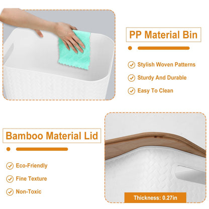 2Pcs Storage Bins with Bamboo Lids Stackable Plastic Storage Container with Handle Storage Box Accessories Holder for Bedroom Kitchen Shelf Closet