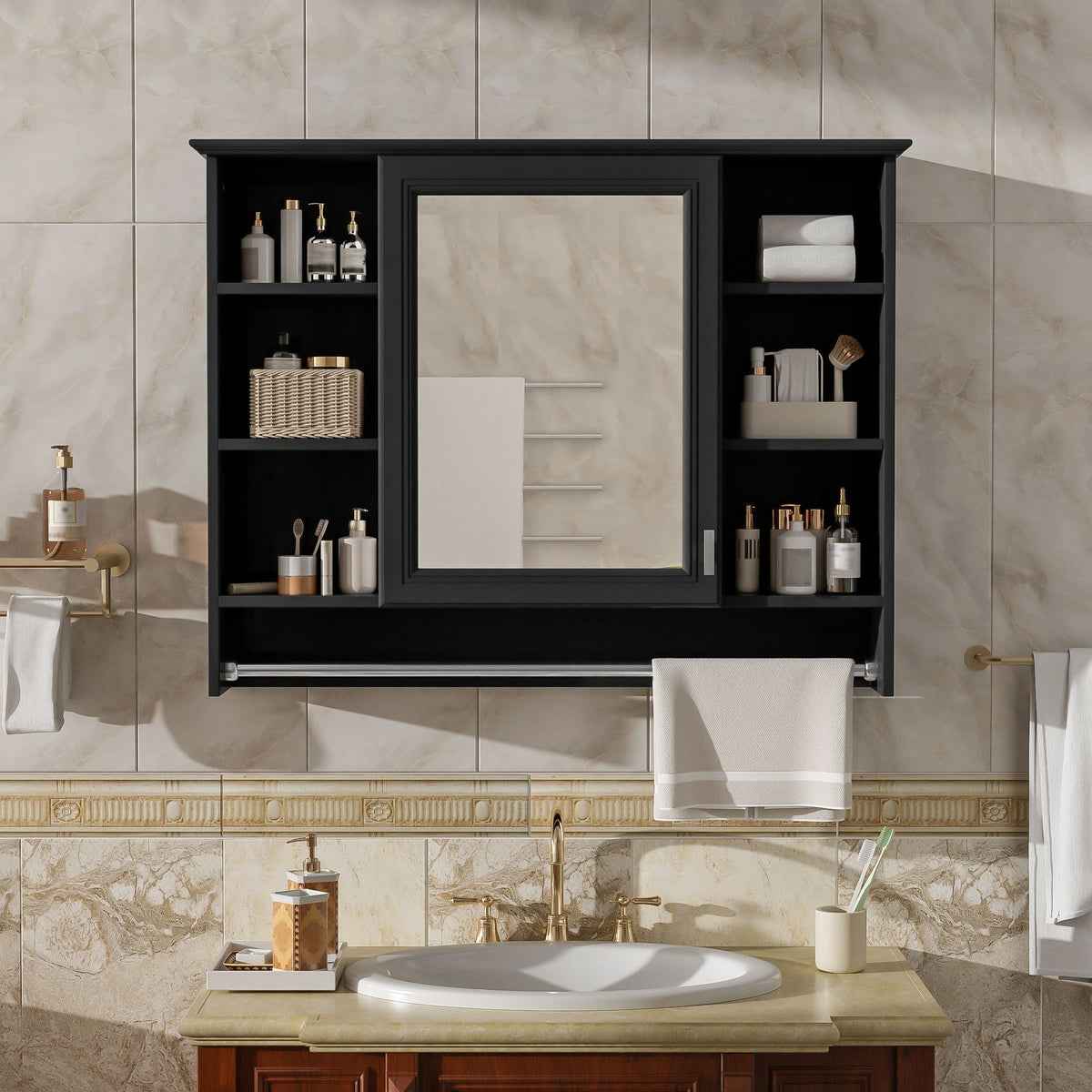 Modern Wall Mounted Mirror Cabinet with Adjustable Shelf - White or Black