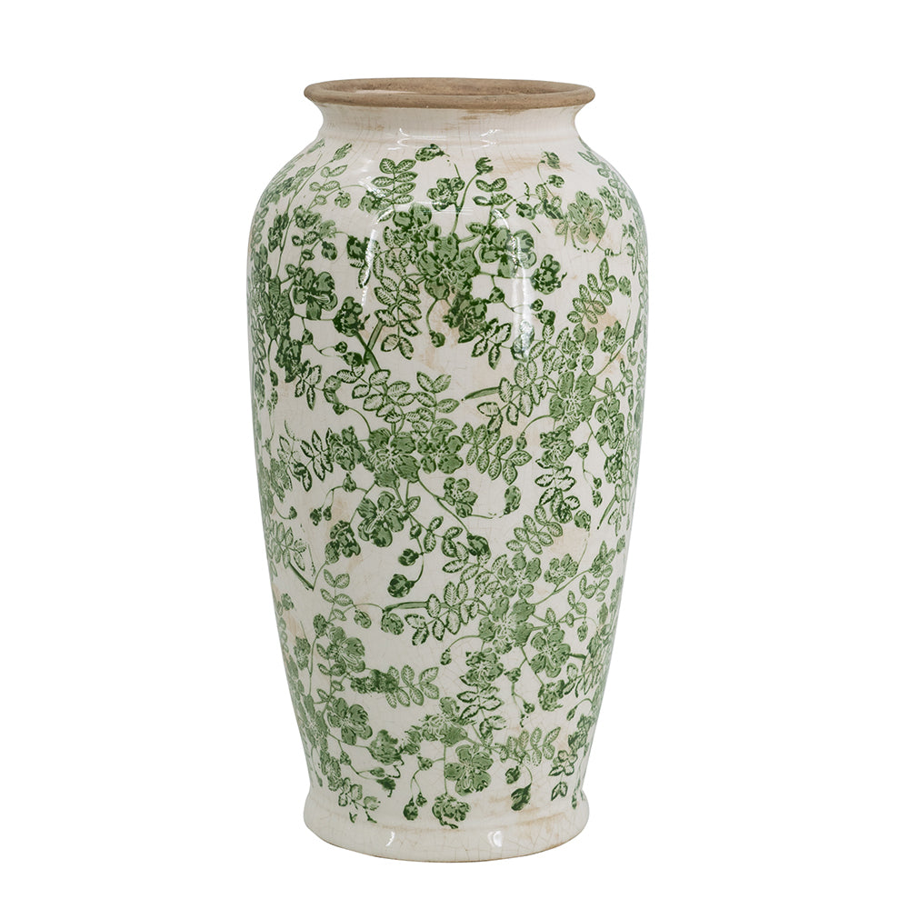 White Ceramic Flower Vase with Green Floral Pattern - 14.6 In
