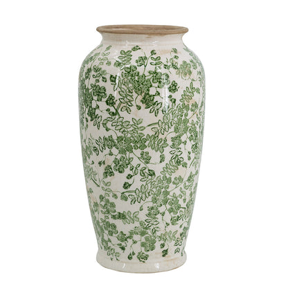 White Ceramic Flower Vase with Green Floral Pattern - 14.6 In