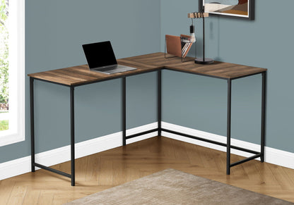 L-Shaped Corner Computer Desk with Modern Metal Base - Dark Brown