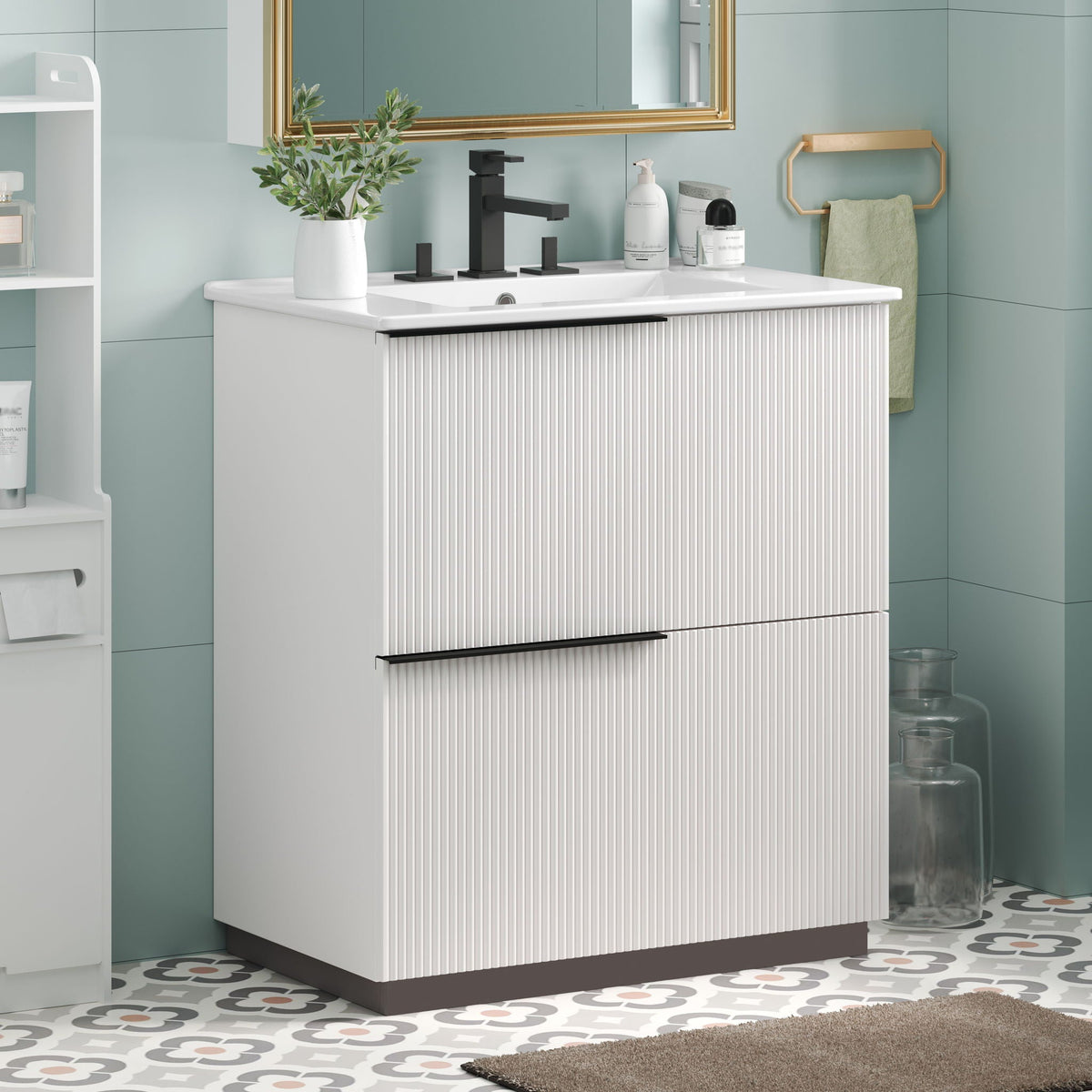 Fluted Bathroom Vanity with Ceramic Sink and Soft-Close Drawers - Light Brown, White, or Dark Green