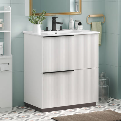 Fluted Bathroom Vanity with Ceramic Sink and Soft-Close Drawers - Light Brown, White, or Dark Green