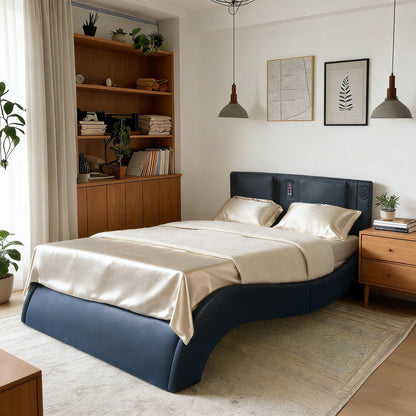 Platform Bed Frame with LED Lighting, Bluetooth & Massage - Faux Leather
