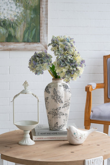 White Ceramic Accent Vase with Gray Floral Design - Multicolor