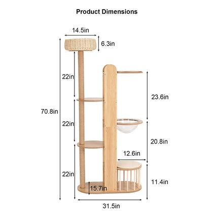 Multi-Level Wood Cat Tree Tower with Sisal Scratching Post - Natural Wood