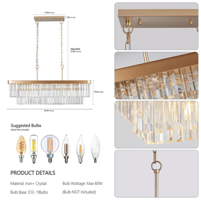 Rectangular Crystal Chandelier with Adjustable Height - Gold