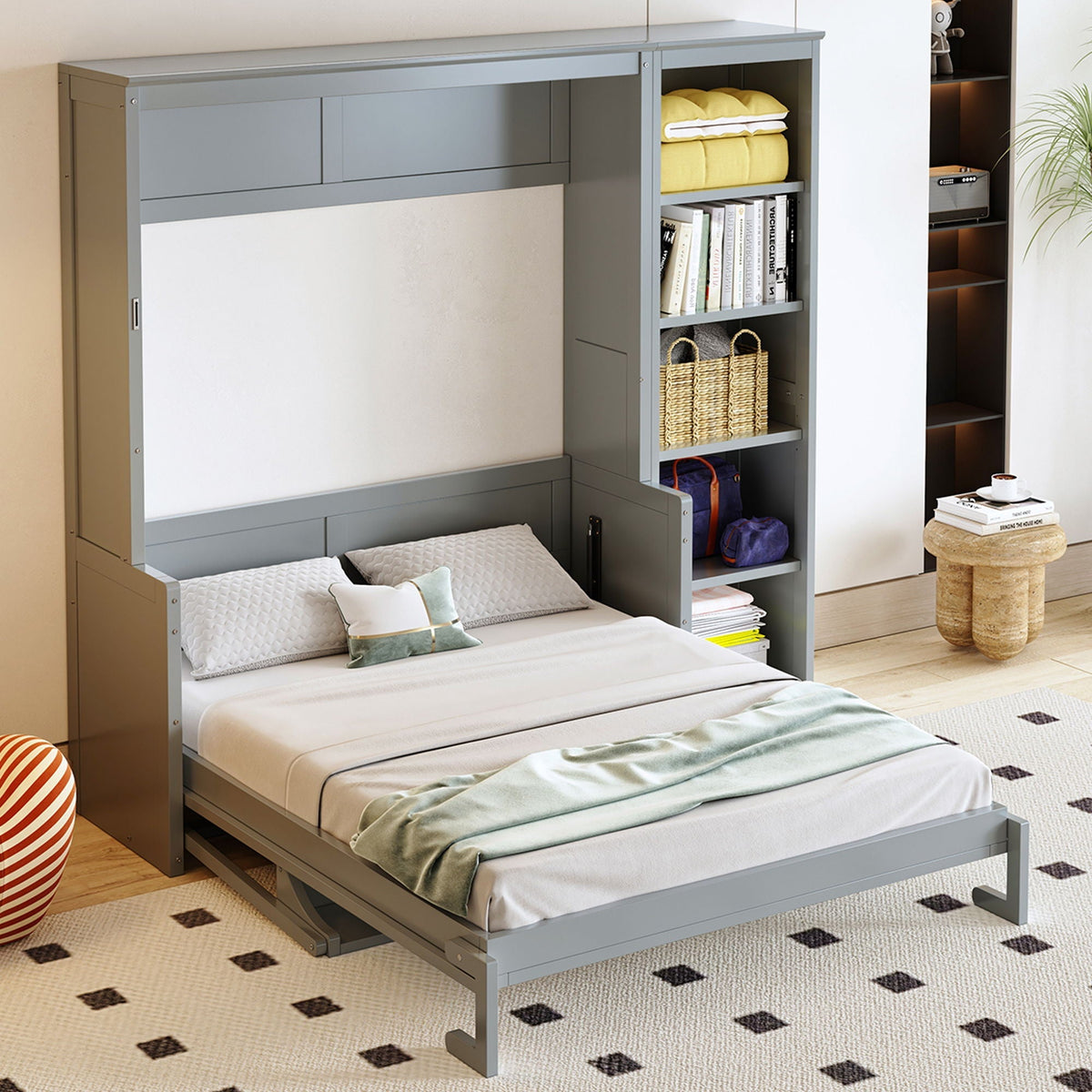 Murphy Bed with Desk and Bookshelf - Solid Pine, Full & Queen Sizes