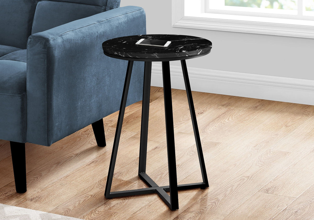 Accent Table Side Round Marble Look with Metal Base - Black