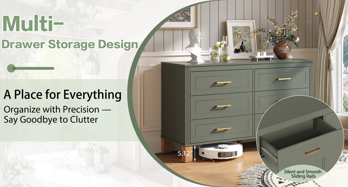6-Drawer Double Dresser with Solid Wood Legs - Olive