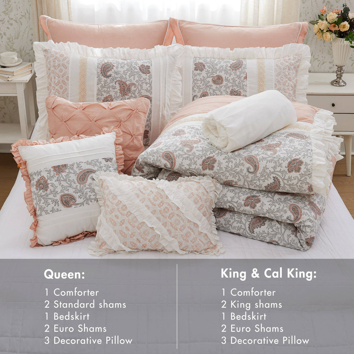 9 Piece Cotton Percale Comforter Set with Decorative Pillows - Blush