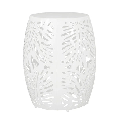 Modern Design Metal End Table with Palm Leaf Cut-Out - White, Black, Blue