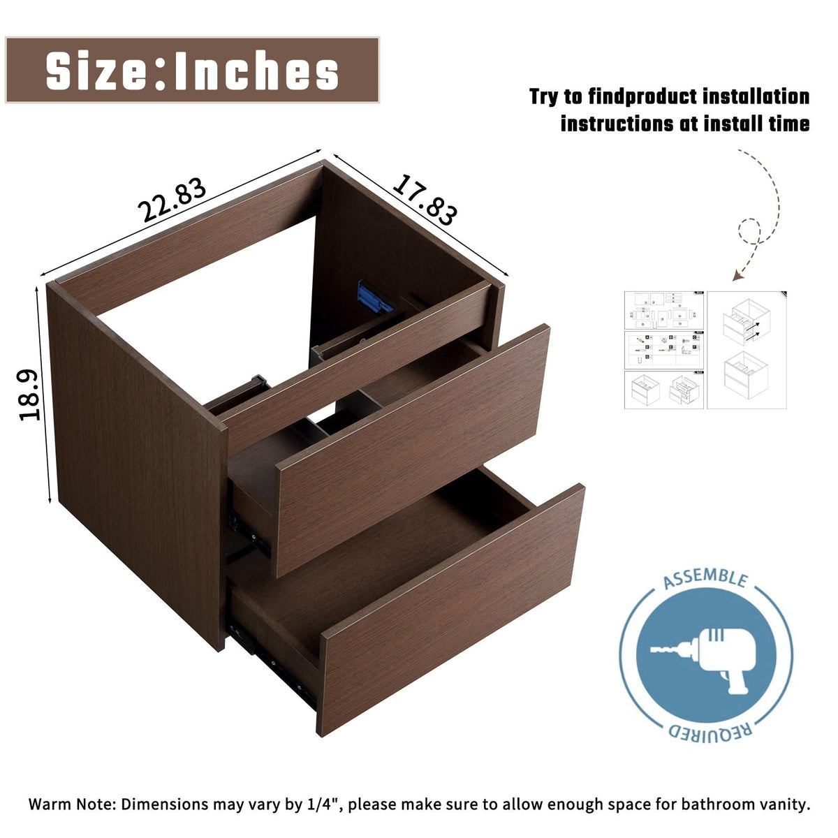 Wall-Mounted Bathroom Vanity with Soft-Close Drawer - Black Brown