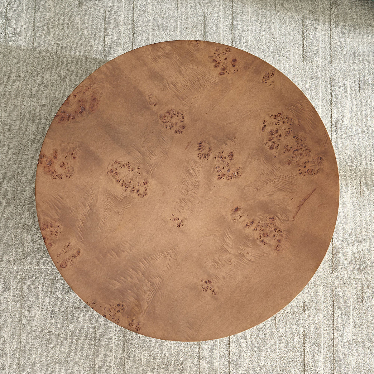 Walnut Burl Wood Veneer Round Coffee Table with Pedestal Base - Walnut