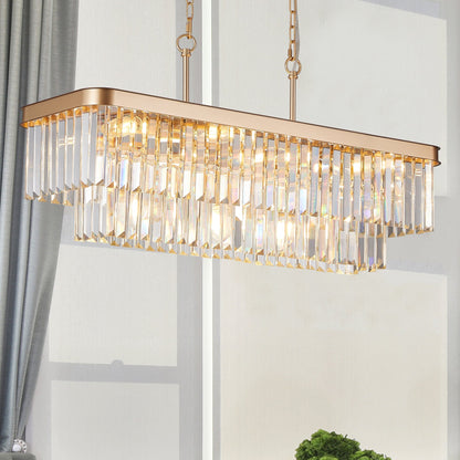 Rectangular Crystal Chandelier with Adjustable Height - Gold
