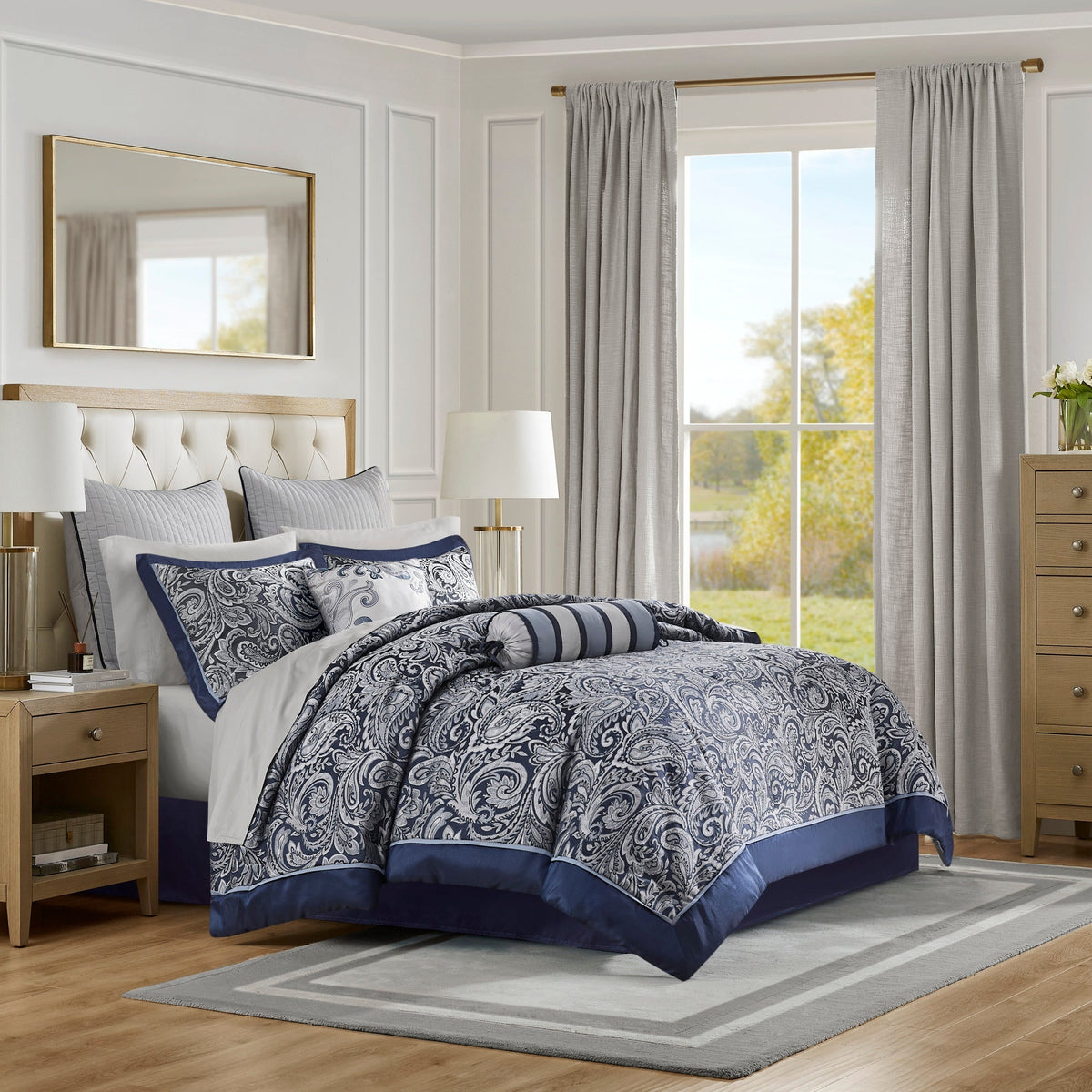 Navy 12 Piece Comforter Set with Cotton Bed Sheets - Queen, Paisley Jacquard