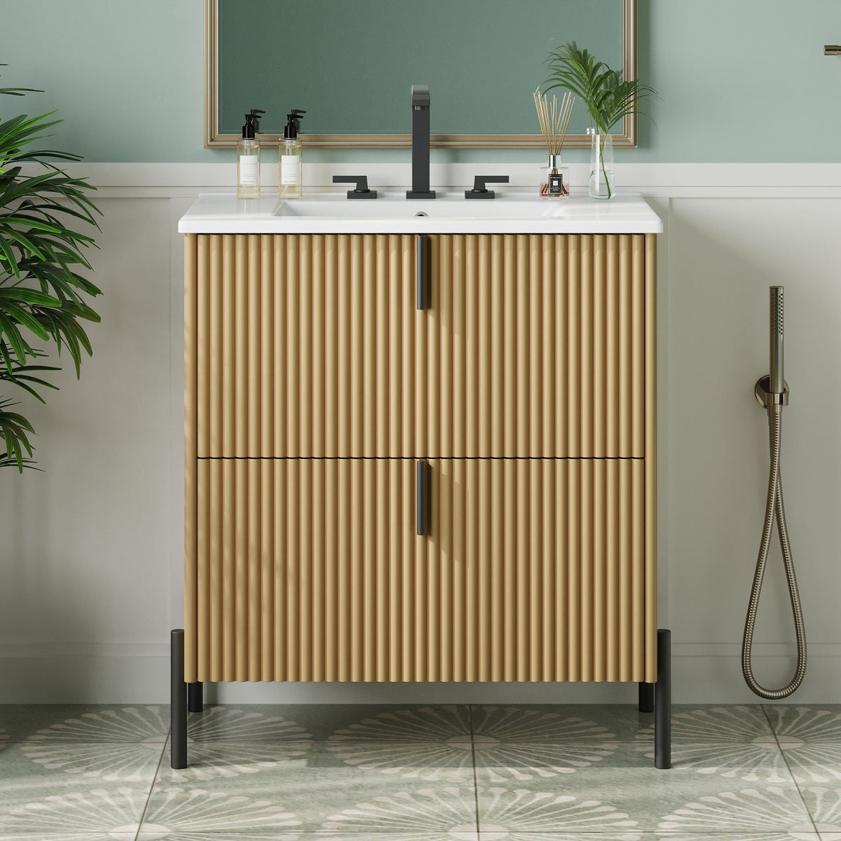 Fluted Bathroom Vanity with Ceramic Sink - Freestanding Wood Design