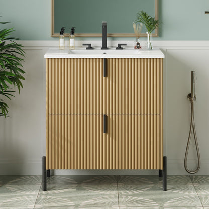 Fluted Bathroom Vanity with Ceramic Sink - Freestanding Wood Design