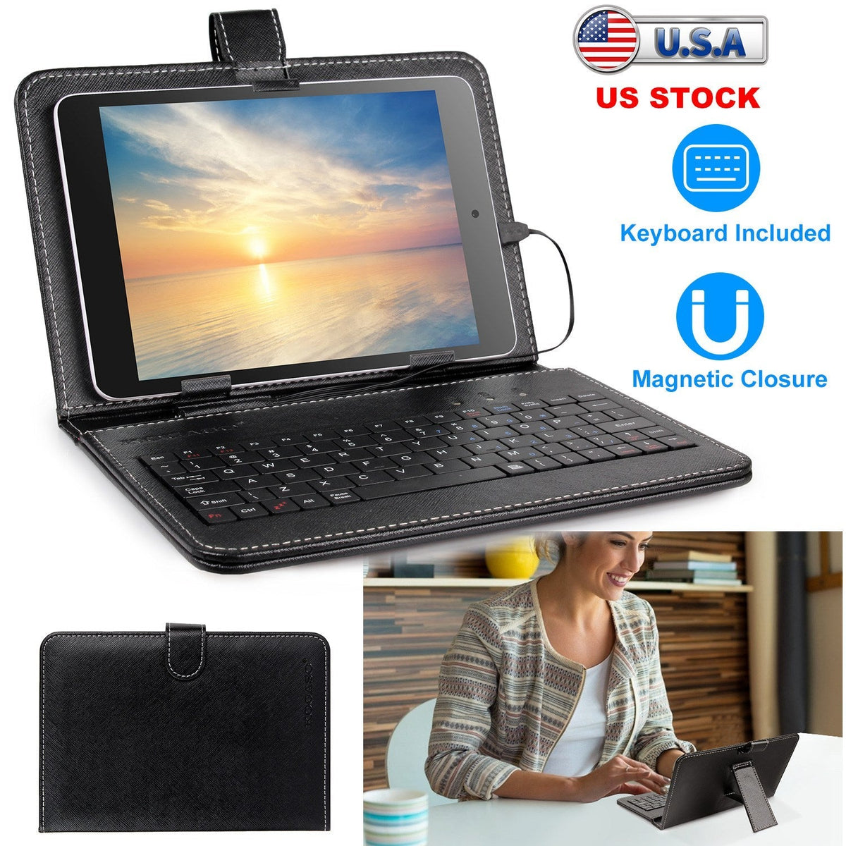 7.9in Protective Keyboard Case w/ Keyboard PU Leather Back Stand Tablet Cover via USB 2.0 Cable