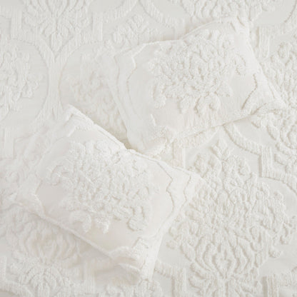 Tufted Cotton Chenille Damask Comforter Set with Shams - Off White