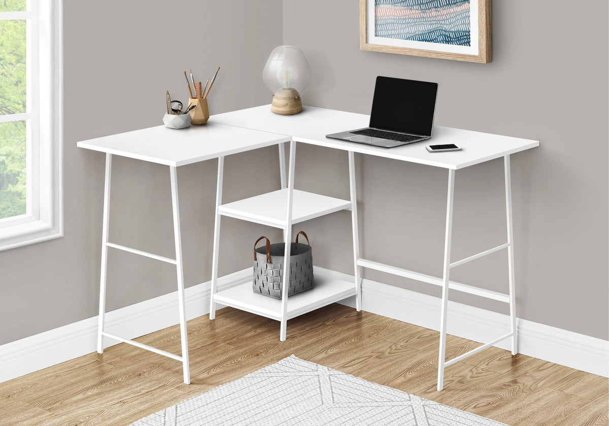 L-Shape Computer Desk with Storage Shelves - Light Brown or White